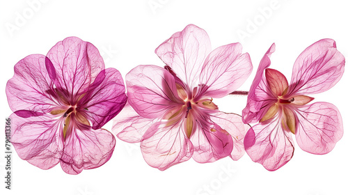 Pressed and dried pink delicate transparent flowers geranium (pelargonium). Isolated on white background. For use in scrapbooking, floristry (oshibana) or herbarium photo