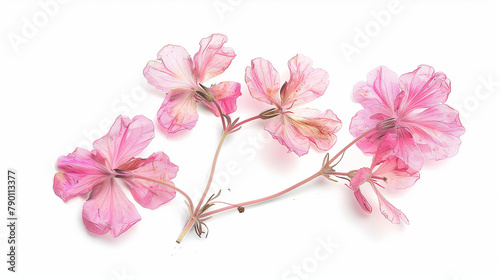 Pressed and dried pink delicate transparent flowers geranium  pelargonium . Isolated on white background. For use in scrapbooking  floristry  oshibana  or herbarium