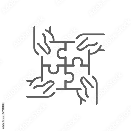 Hands connecting puzzle icon. Simple outline style. 4 hands connecting four puzzle pieces into a full square, community concept. Thin line symbol. Vector illustration isolated. Editable stroke.