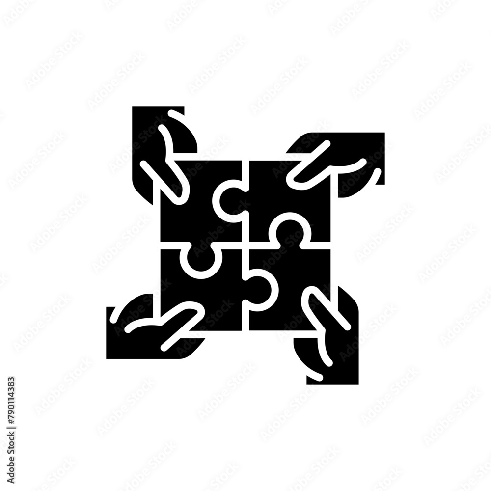 Hands connecting puzzle icon. Simple solid style. 4 hands connecting four puzzle pieces into a full square, community concept. Black silhouette, glyph symbol. Vector illustration isolated. Hands connecting puzzle icon. Simple solid style. 4 hands connecting four puzzle pieces into a full square, community concept. Black silhouette, glyph symbol. Vector illustration isolated.