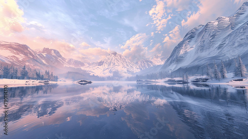 A breathtaking panorama of snow-covered mountain ranges stretching into the distance bathed in soft golden sunlight and reflected in a tranquil alpine lake isolated on a transparent background