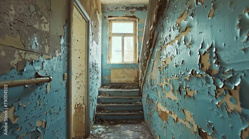 bandoned building, hallway, peeling paint, decay, derelict, old house, urbex, urban exploration, dilapidated, deserted photo