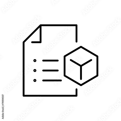 Product specification icon. Simple outline style. Technology documentation, technical, standards, code, cube, technology concept. Thin line symbol. Vector illustration isolated.