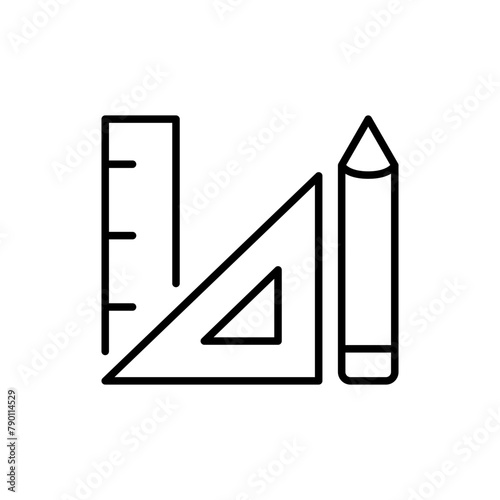 Ruler and pencil icon. Simple outline style. Triangle, pen, triangular, school, drawing, learning, study, geometry, education concept. Thin line symbol. Vector illustration isolated.