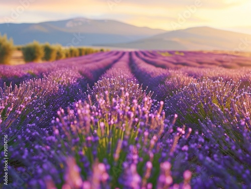 Serene landscape of a lavender field in Provence  France  during golden hour  with rows of purple flowers gently swaying in the breeze  creating a tranquil and picturesque scene