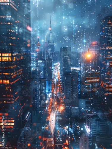 Smart city concept with ecofriendly tech solutions like IoT connected public services, energyefficient buildings, and clean transport, digital overlay on urban landscape