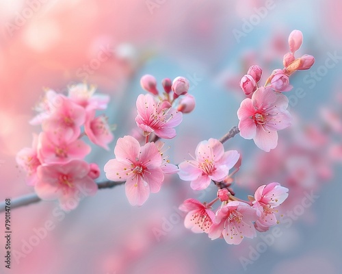 Softfocus portrait of delicate cherry blossom branches in early spring, with a pastel background that enhances the fragile beauty of the blooms