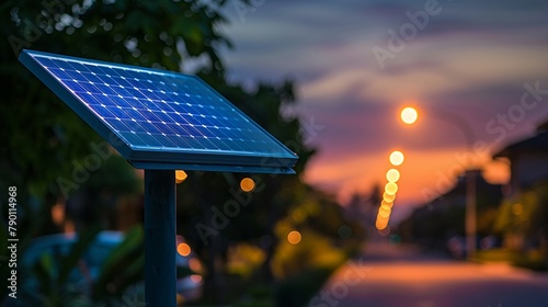 Closeup of an energyefficient LED streetlight powered by solar energy, urban sustainability, night setting with a clear starry sky photo