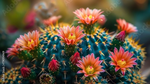 Dynamic closeup of a cactus in bloom in the desert, capturing the contrast between the harsh, spiky exterior and the delicate, vibrant flowers photo