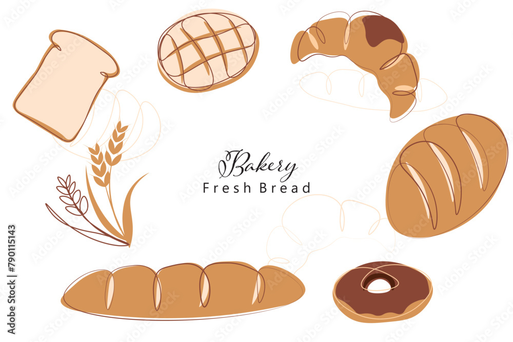 Set of breads vector illustration. Baking, bakery, cooking, sweet products, pastries concept. Vector illustrations isolated on white background for posters, banners, cards, and advertisements. Set of breads vector illustration. Baking, bakery, cooking, sweet products, pastries concept. Vector illustrations isolated on white background for posters, banners, cards, and advertisements.