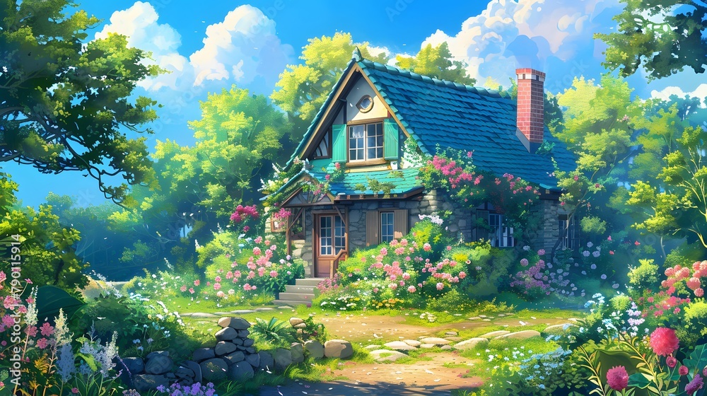 a quaint wooden house nestled in a picturesque countryside setting, lush greenery against a clear blue sky