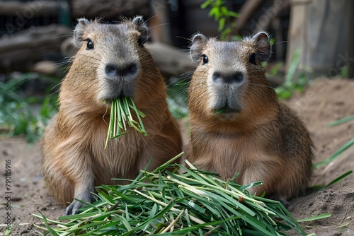 Two Capybaras Eating Grass. Generative AI