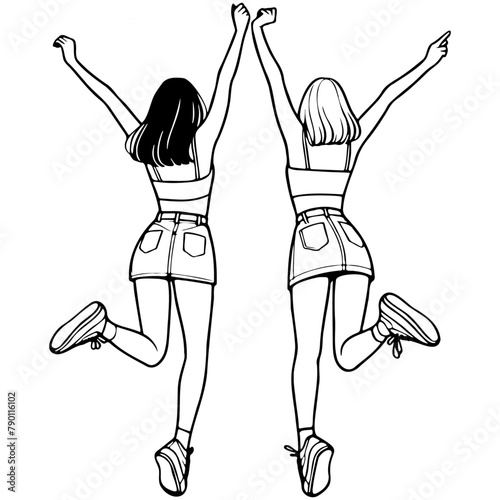 Girl Friends Jumping Sketch Drawing.