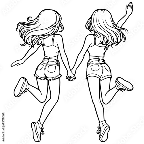 Girl Friends Jumping Sketch Drawing.