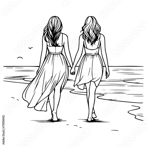 Girl Friends Walking on Beach.
