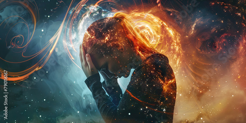 Concussion Crisis: The Headache and Dizziness - Imagine a person holding their head, surrounded by stars and swirls, depicting a headache and dizziness, common symptoms of a concussion photo