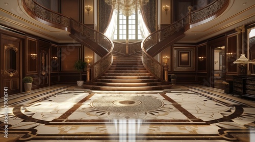 An elegant foyer with a grand staircase and mosaic tile flooring