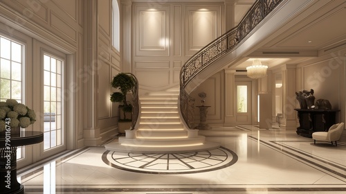 An elegant foyer with a grand staircase and mosaic tile flooring