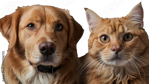 banner with a cat and a dog looking up, isolated on white background.