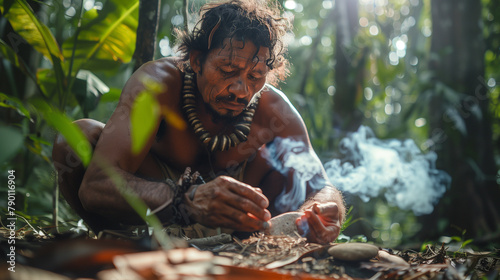 Man builds fire in forest. Sunlight filters through trees, revealing his focus and sweat. Traditional fire-starting skills. photo