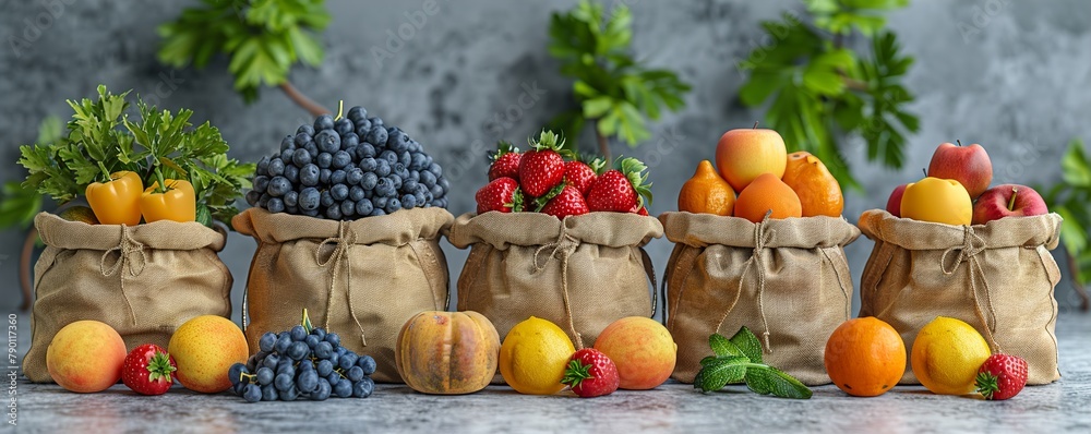 Fresh fruits and vegetables in shopper on grey background.