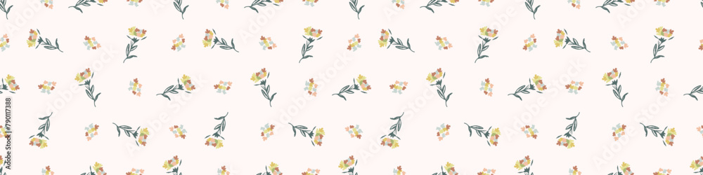 Modern vector border with pretty pressed floral drawing motifs. Decorative botanical ribbon with gender neutral flowers. Natural style for organic banner repeat nature stamp. Modern vector border with pretty pressed floral drawing motifs. Decorative botanical ribbon with gender neutral flowers. Natural style for organic banner repeat nature stamp.