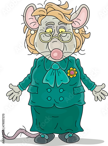 Old mangy rat official in a business suit tired of hard office work with unnecessary papers, vector cartoon illustration on white