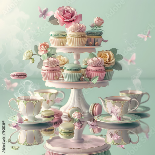 Elegant Vintage High Tea Party with Pastel Cupcakes, Roses, and Butterfly Decorations on Mint Background