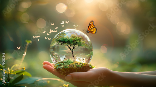 Earth crystal glass globe ball and growing tree in hand, generative ai