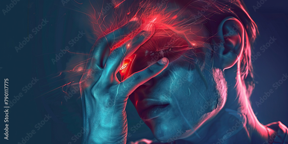 Cluster Headache: The Excruciating Pain and Eye Redness - Visualize a person holding their head, with redness around one eye and pain lines radiating from the head, illustrating the excruciating pain Cluster Headache: The Excruciating Pain and Eye Redness - Visualize a person holding their head, with redness around one eye and pain lines radiating from the head, illustrating the excruciating pain