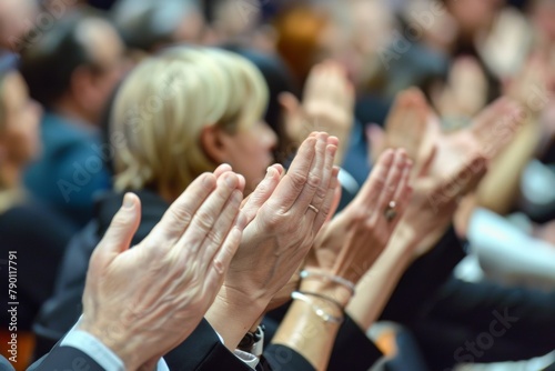 Close-up of audience clapping hands at a professional conference