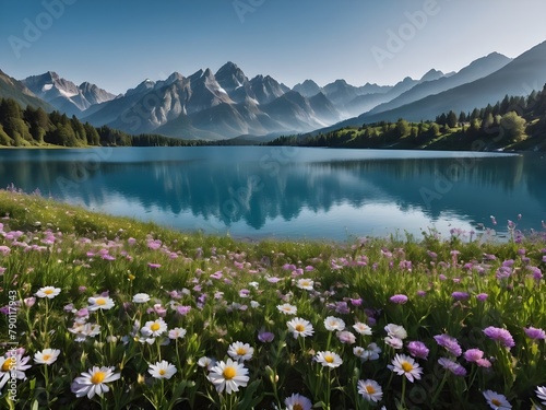 Beautiful view of a alpine lake with colorful spring wildflowers