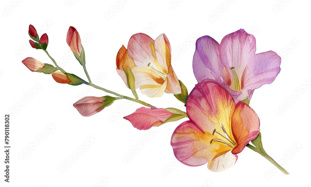 Violet freesia flower. Watercolor illustration. Hand drawn tender lilac freesia flower element in the full bloom. Isolated on white background.