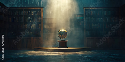 Modern library collection literature science christian educational exploration earth globe surrounded set on wooden table light on books