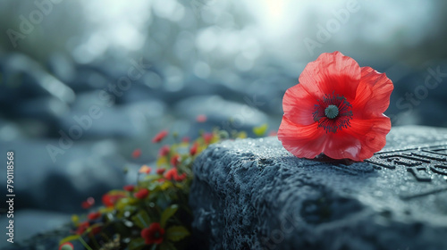 Close-up of a poppy flower on a grave cemetery tome gravestone, set against the backdrop of an ongoing battle, emphasizing hope amidst chaos, 8K photo