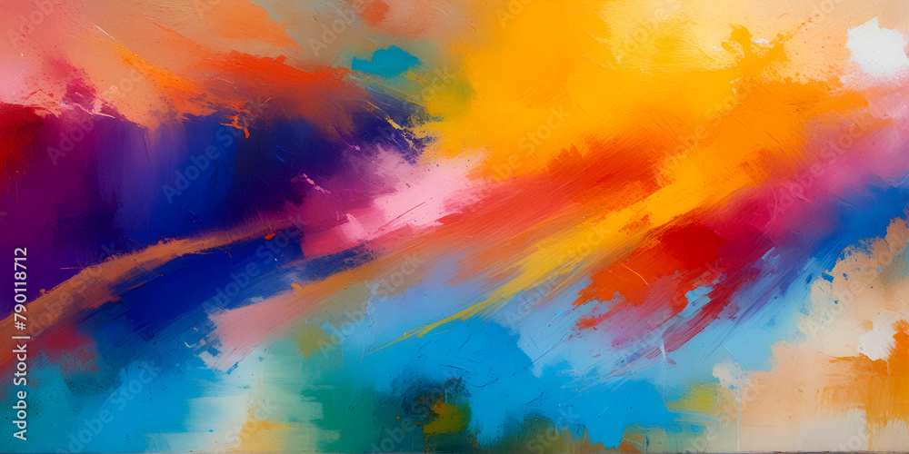 Fototapeta premium Closeup of Abstract background of acrylic paint on canvas in blue and orange colors. Created with generative AI