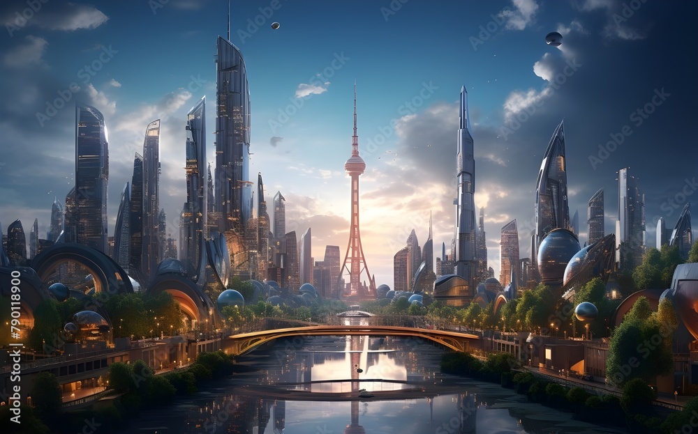 Obraz premium Green technologies in a futuristic coastal city with large skyscrapers
