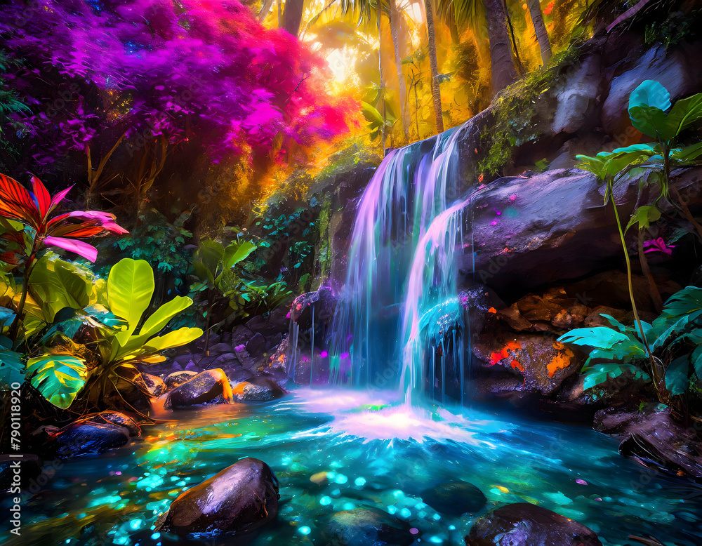 Beautiful small waterfall with tropical forest background, capturing the essence on digital art concept.