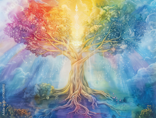 Radiant Rainbow Tree of Life: Animated Symbolism with God Rays photo