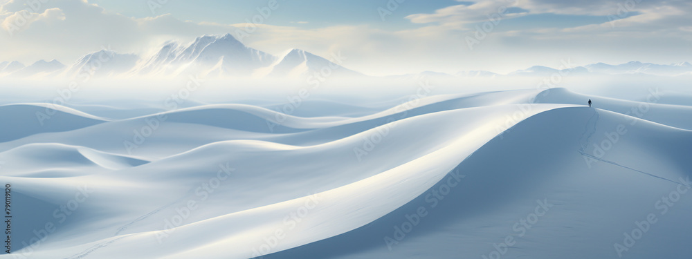A snowboarder's shadow over a snowy landscape, portrayed in 3D with hyper-realistic precision, the lone figure against the vastness of winter,