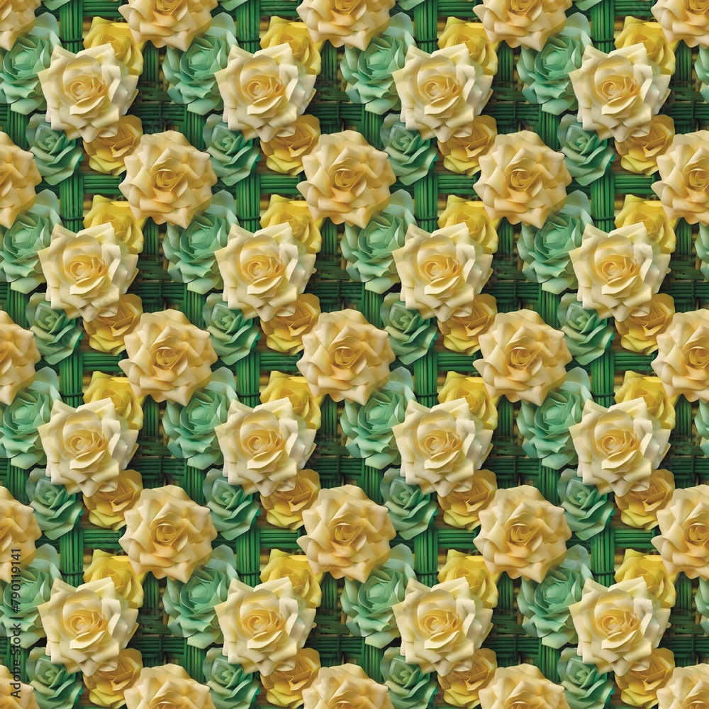 A woven basket with white, yellow, green, mint roses in exchange for lavender flowers in a woven basket. 3d seamless fabric pattern. Art, culture, handicrafts, very beautiful, textile background A woven basket with white, yellow, green, mint roses in exchange for lavender flowers in a woven basket. 3d seamless fabric pattern. Art, culture, handicrafts, very beautiful, textile background