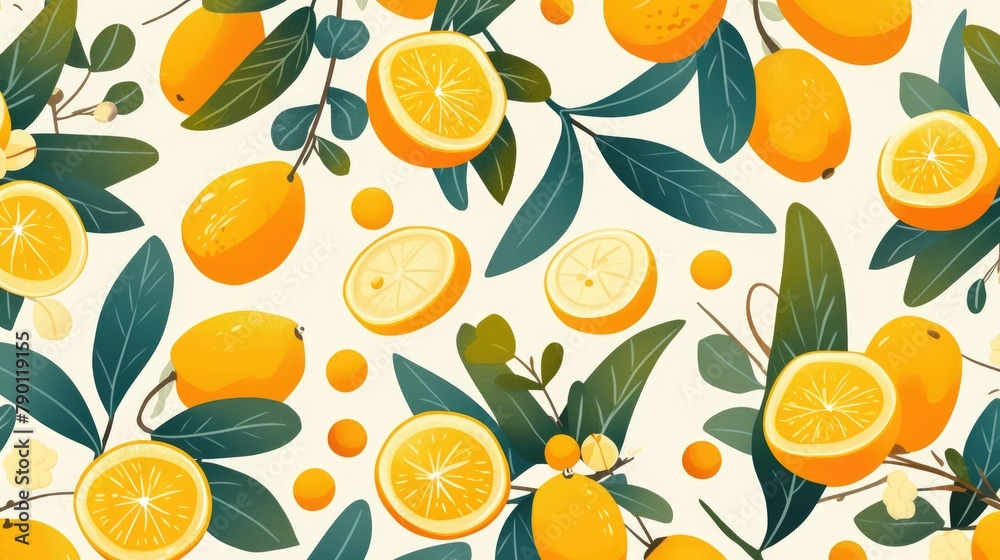 Illustration in a vibrant cartoon style featuring exotic kumquats with lush green leaves on a pattern This fresh and lively artwork showcases whole and sliced kumquats in orange jui Illustration in a vibrant cartoon style featuring exotic kumquats with lush green leaves on a pattern This fresh and lively artwork showcases whole and sliced kumquats in orange jui