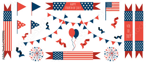 Independence of USA Ribbons Set isplated transparent background. Collection Fouth of July Ribbon in Groovy style with text. Template Festival banner element. Vector illustration. Carnival Symbol.