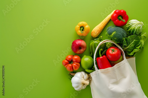 A reusable shopping bag filled with organic produce, isolated on a market fresh lime green background, celebrating World Environment Day