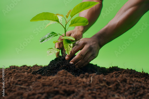 Hands planting a young tree, soil scattered around, isolated on a vibrant earth day green background, symbolizing growth and care for the environment 