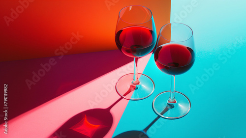 Two wine glasses minimalist concept background design. Wine glass alcohol drink poster. Wine creative poster wallpaper. Raster bitmap digital illustration. AI artwork. photo