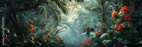 a green forest with plants and flowers Tropical paradise with alien flora and fauna octan. 