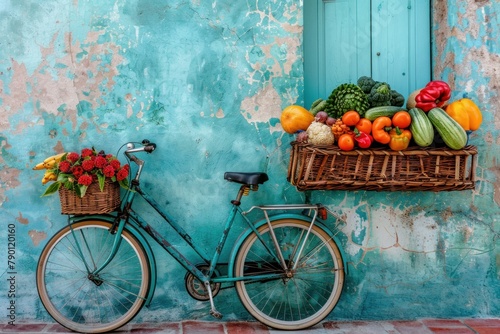 A bicycle leaning against the aged wall, its colorful basket overflowing with fresh produce.