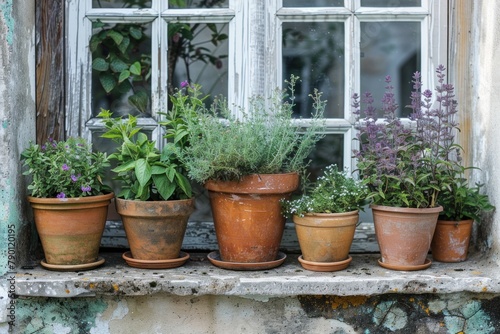 A cluster of rustic terracotta pots brimming with aromatic herbs, nestled against the weathered facade.