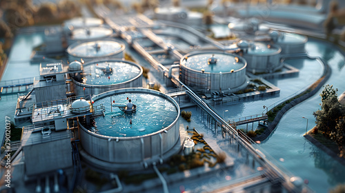  modern water cleaning facility at an urban wastewater treatment plant. The purification process of removing undesirable chemicals, suspended solids and gases from contaminated liquid